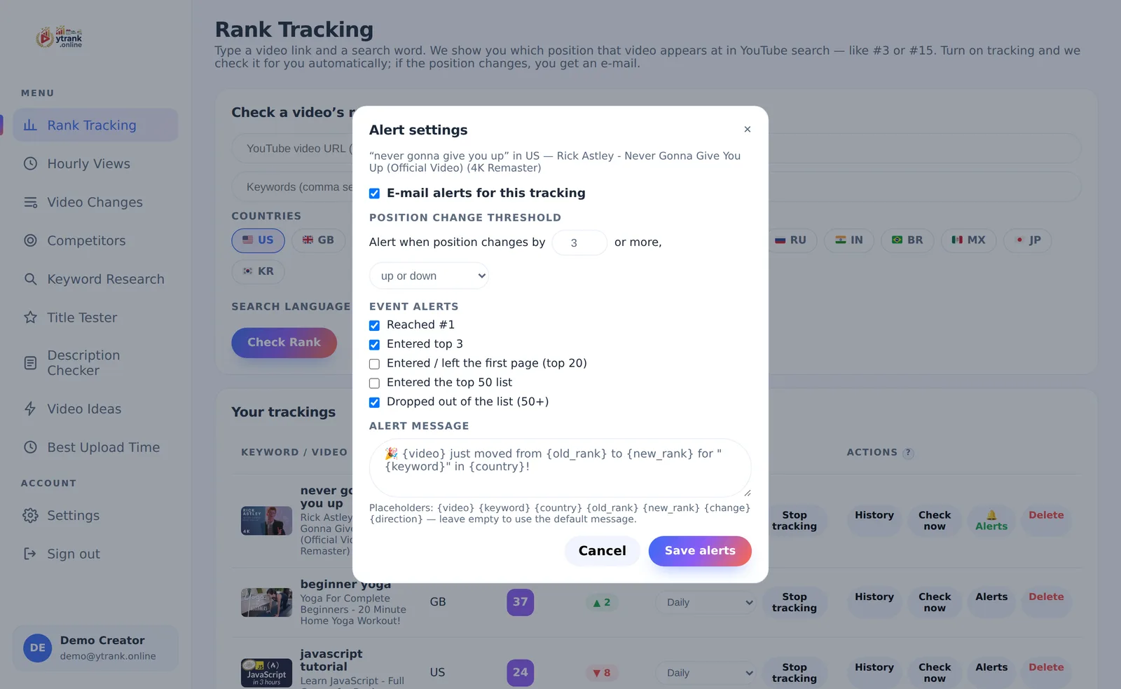 ytrank alert settings modal with position threshold, event triggers and a custom message template