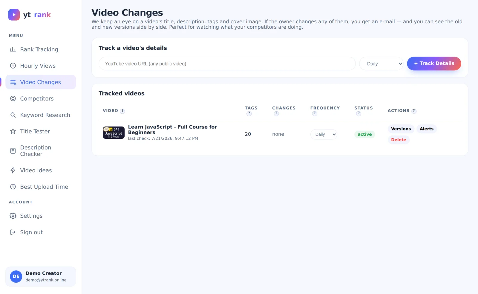 ytrank Video Changes page tracking a video for title, tag and thumbnail edits