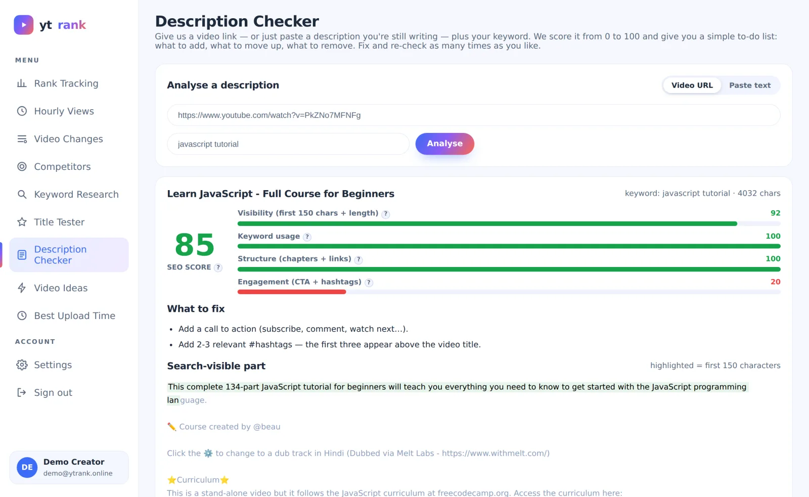 ytrank Description Checker showing an 85 SEO score with category bars and a fix list