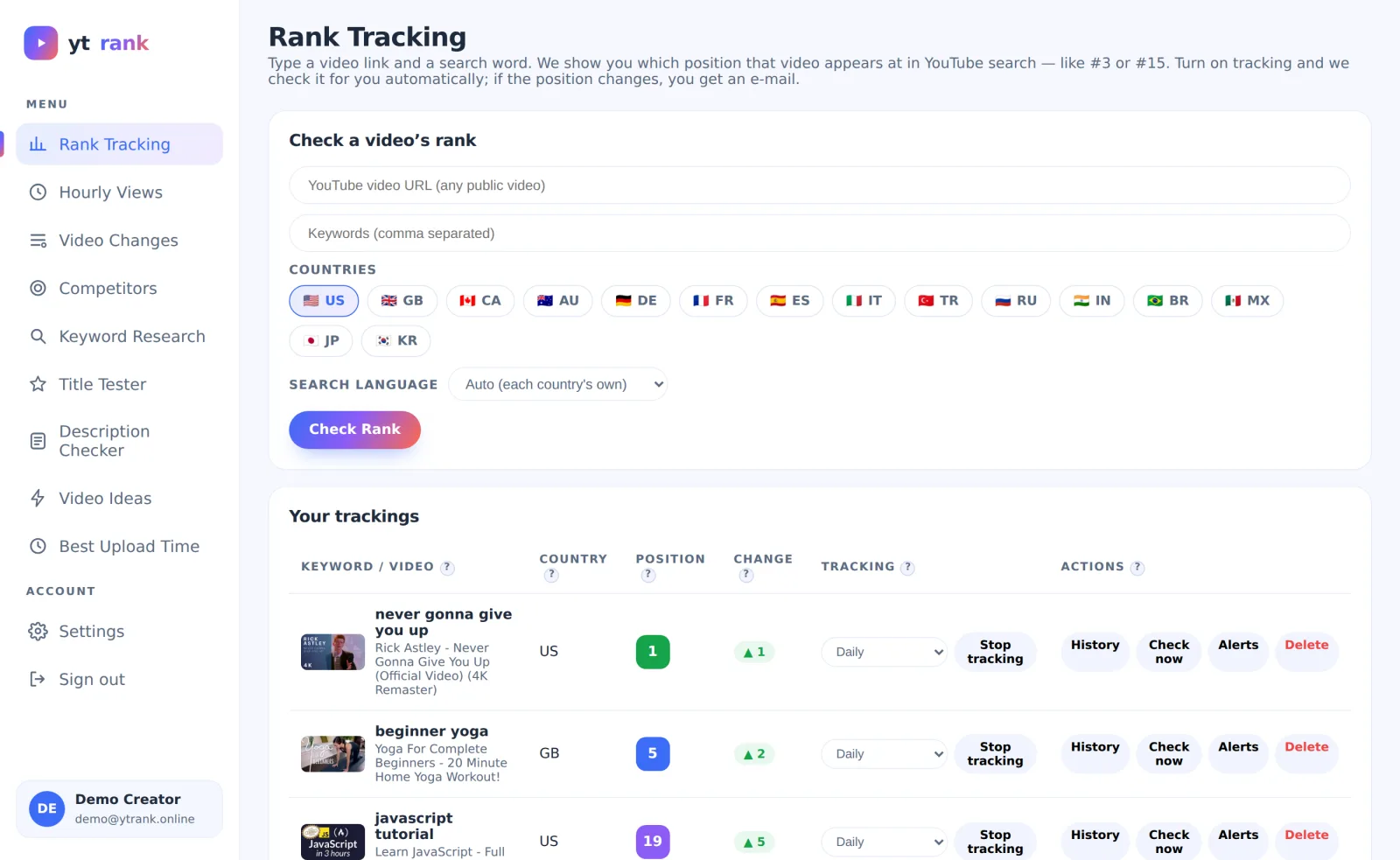 ytrank Rank Tracking dashboard showing a video at position #1 for its keyword with change arrows