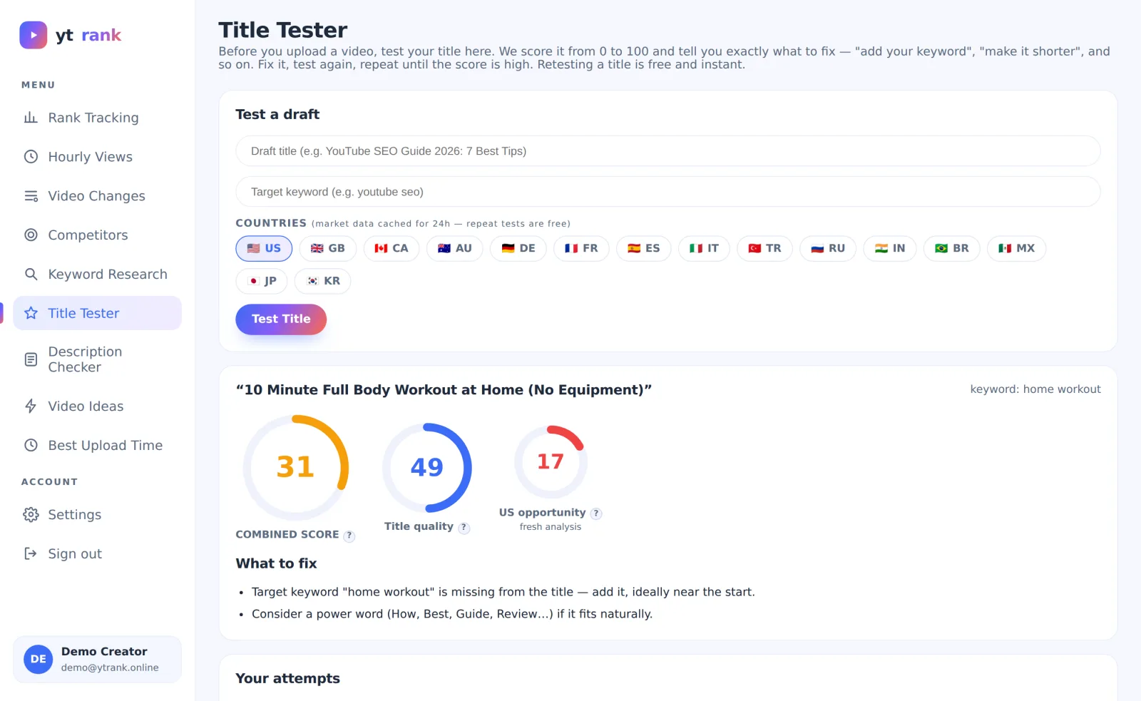 ytrank Title Tester scoring a draft video title with combined score dials and suggestions